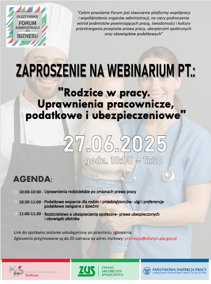 Zdjęcie artykułu Zaproszenie na webinarium pt. "Rodzice w pracy. Uprawnienia pracownicze, podatkowe i ubezpieczeniowe"