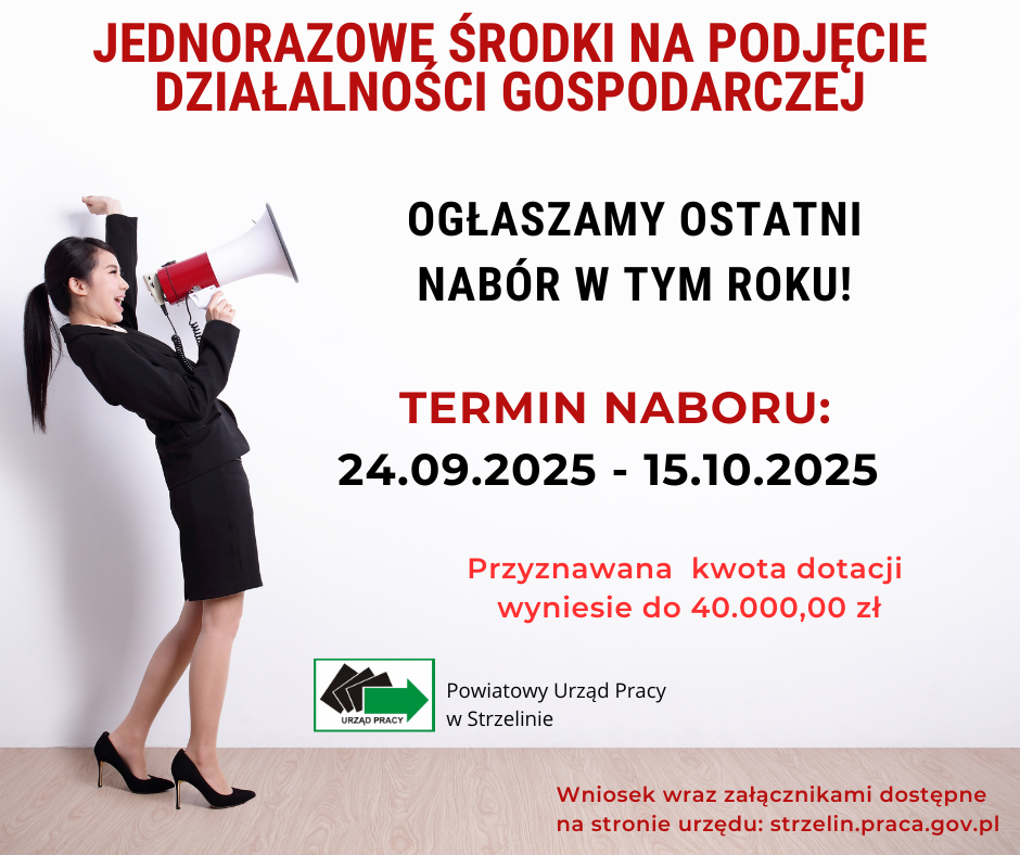 Zdjęcie artykułu Nabór wniosków  o jednorazowe środki na podjęcie działalności gospodarczej wrzesień 2025 r.
