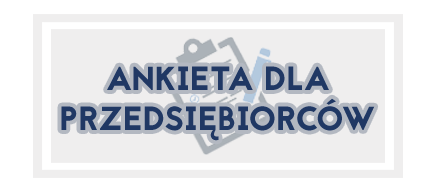 Logo z napisem 'ANKIETA DLA PRZEDSIĘBIORCÓW' na białym tle, otoczonym prostokątną ramką. Obok napisu znajduje się grafika przedstawiająca ikonę formularza i długopisu.