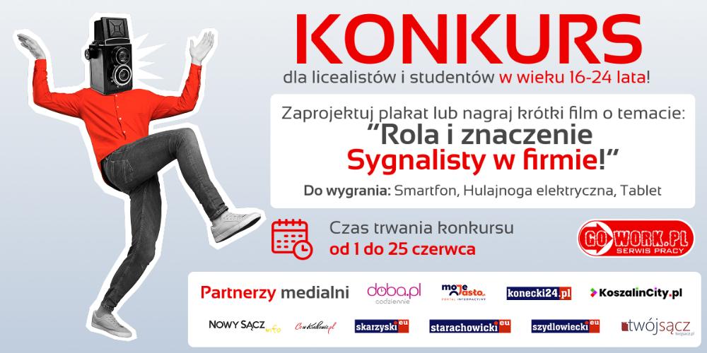 Konkurs dla młodzieży 16–24 lat: plakat lub film o roli sygnalisty w firmie; nagrody: smartfon, hulajnoga, tablet; termin: 1–25 czerwca.